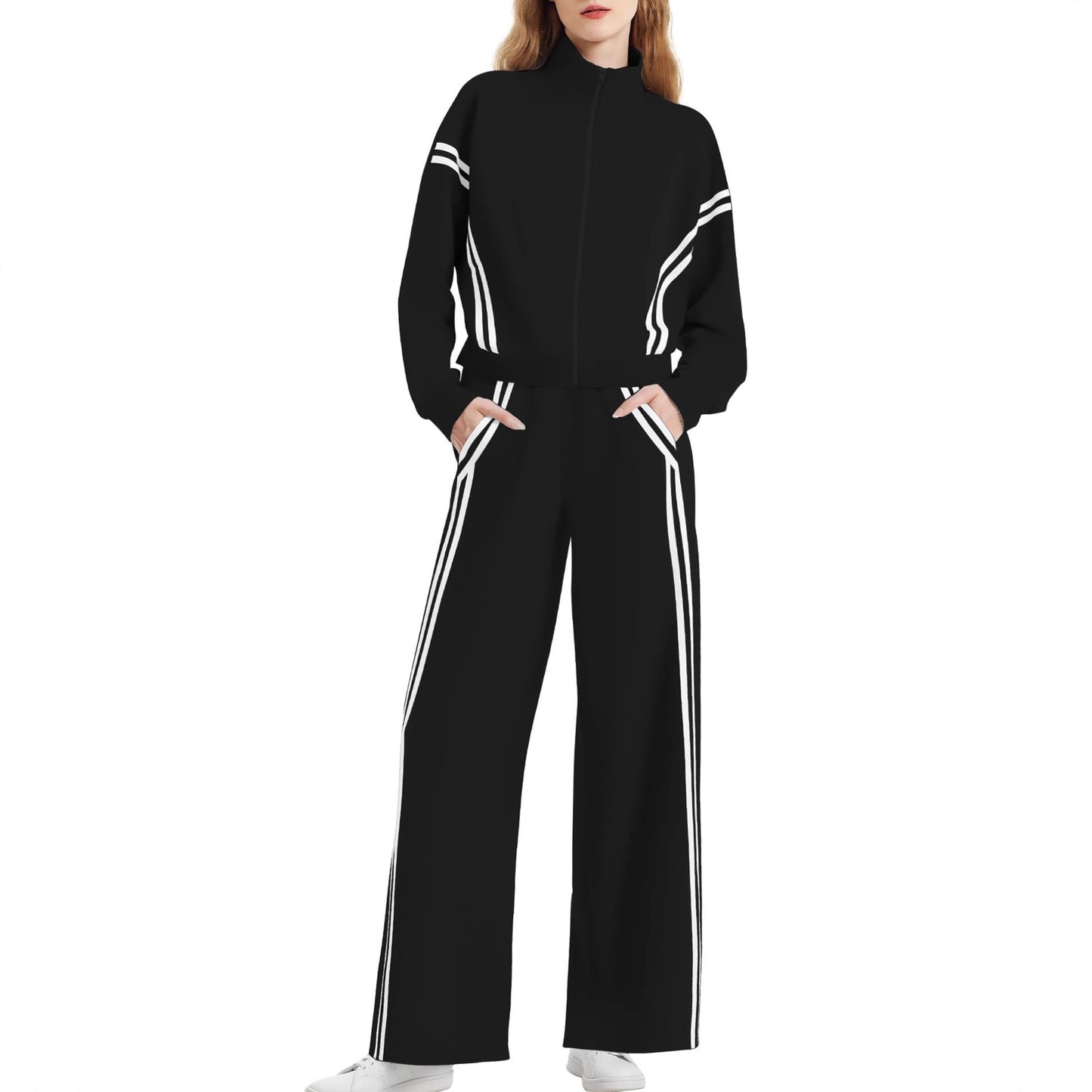 Women's Side Double Stripe Long-sleeve Zipper Pants Pocket Sports Suit