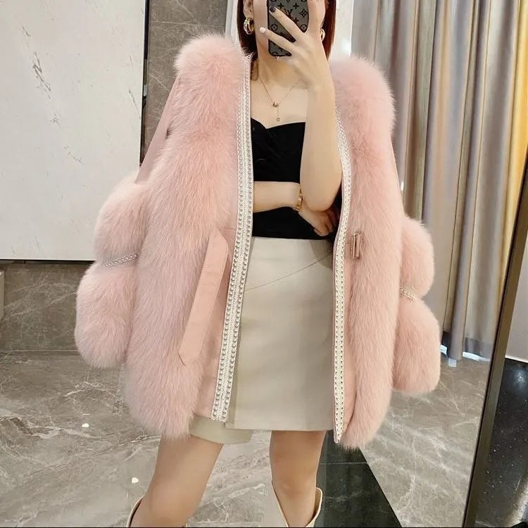 Loose Fashionable Warm Mid-length Fur Coat