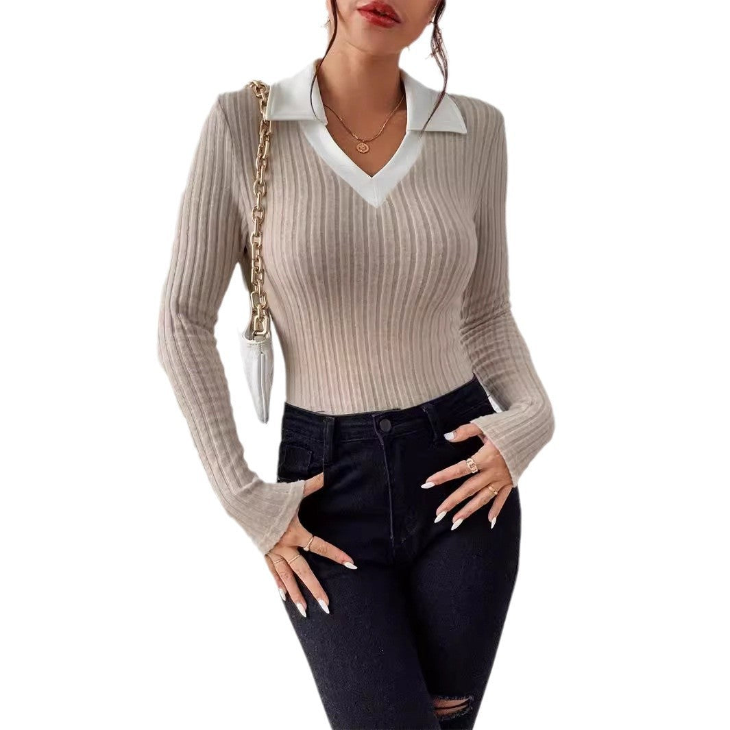 Pullover Knitting Long-sleeved Top Large V Lapel