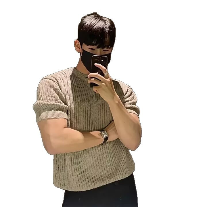 Short Sleeve Men's Vertical Stripes Ice Silk Breathable Slim Fit