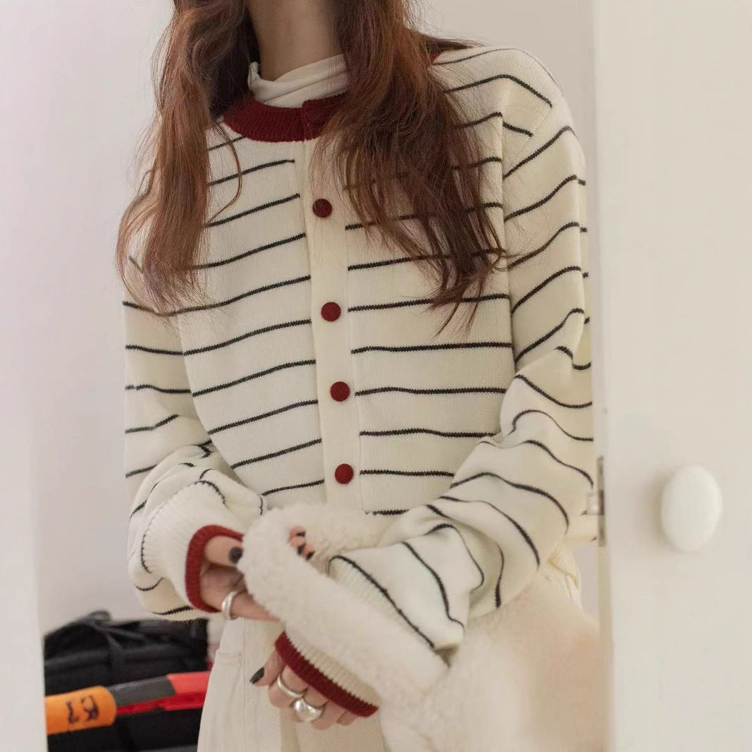 Women's Striped Idle Style Soft Glutinous Striped Sweaters Cardigan