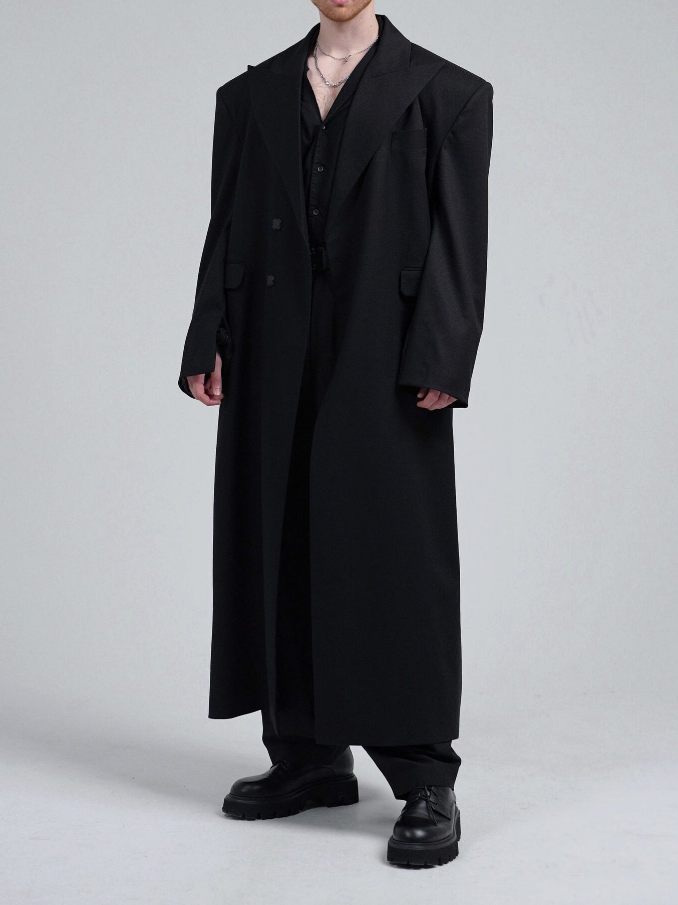 Black Double-breasted Oversized Long Coat
