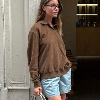 Retro Brown Casual Long-sleeved Lapel Polo Shirt