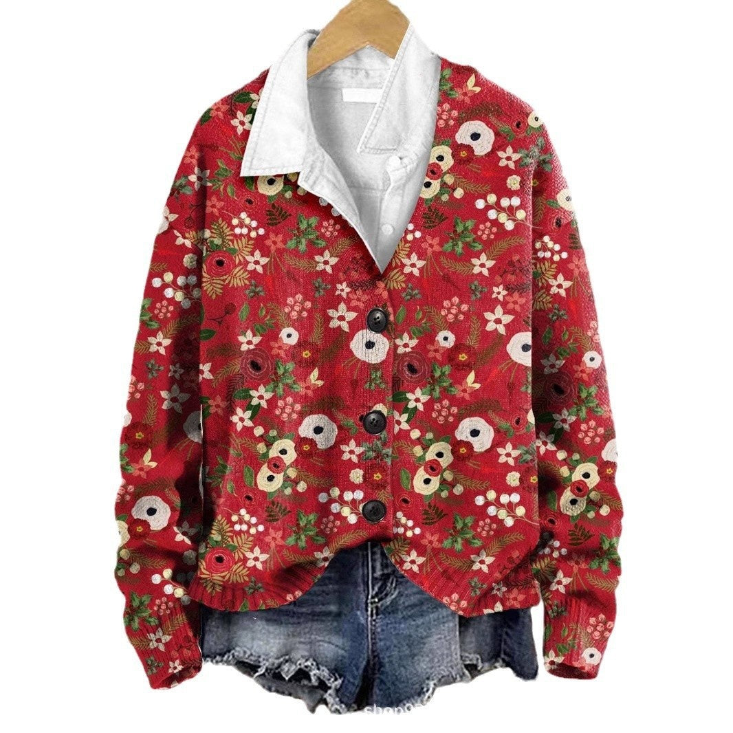3D Flower Pattern Printing Autumn And Winter Casual Long Sleeve Coat