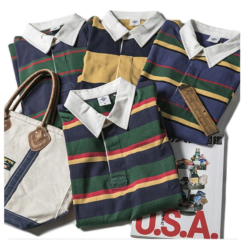 Men's Polo Collar Stripes T-shirt Retro Long Sleeve