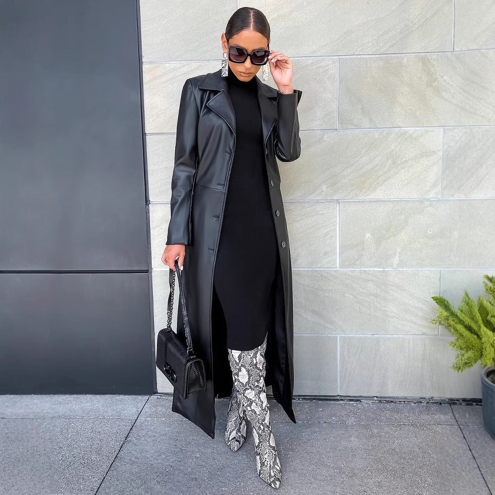 Lapel Button Street All-match Warm And Trendy Long Leather Coat