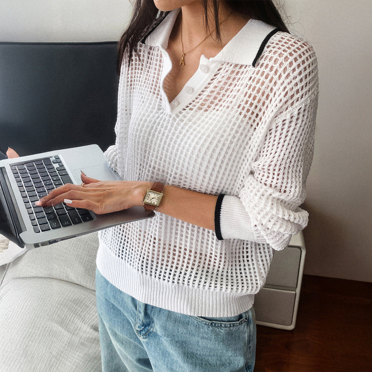 Women's Hollow-out Long-sleeved T-shirt Autumn And Winter Top