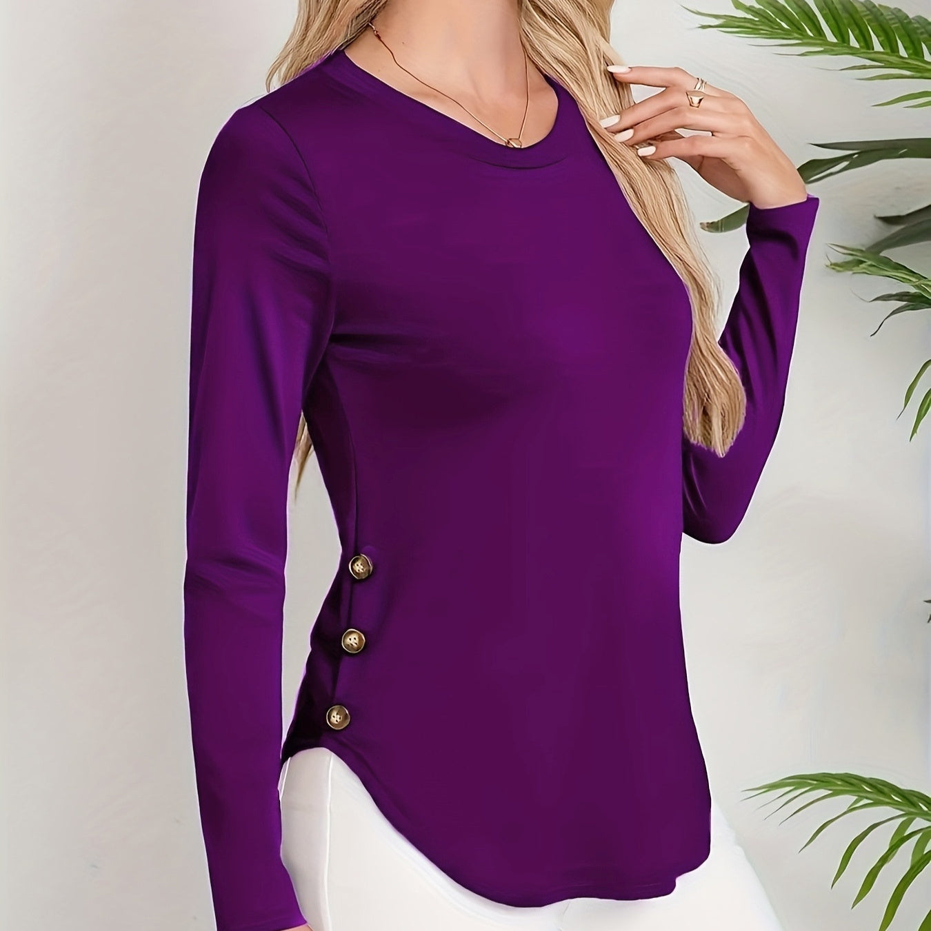 New Women's Autumn And Winter Round Neck Curved Hem Long Sleeve