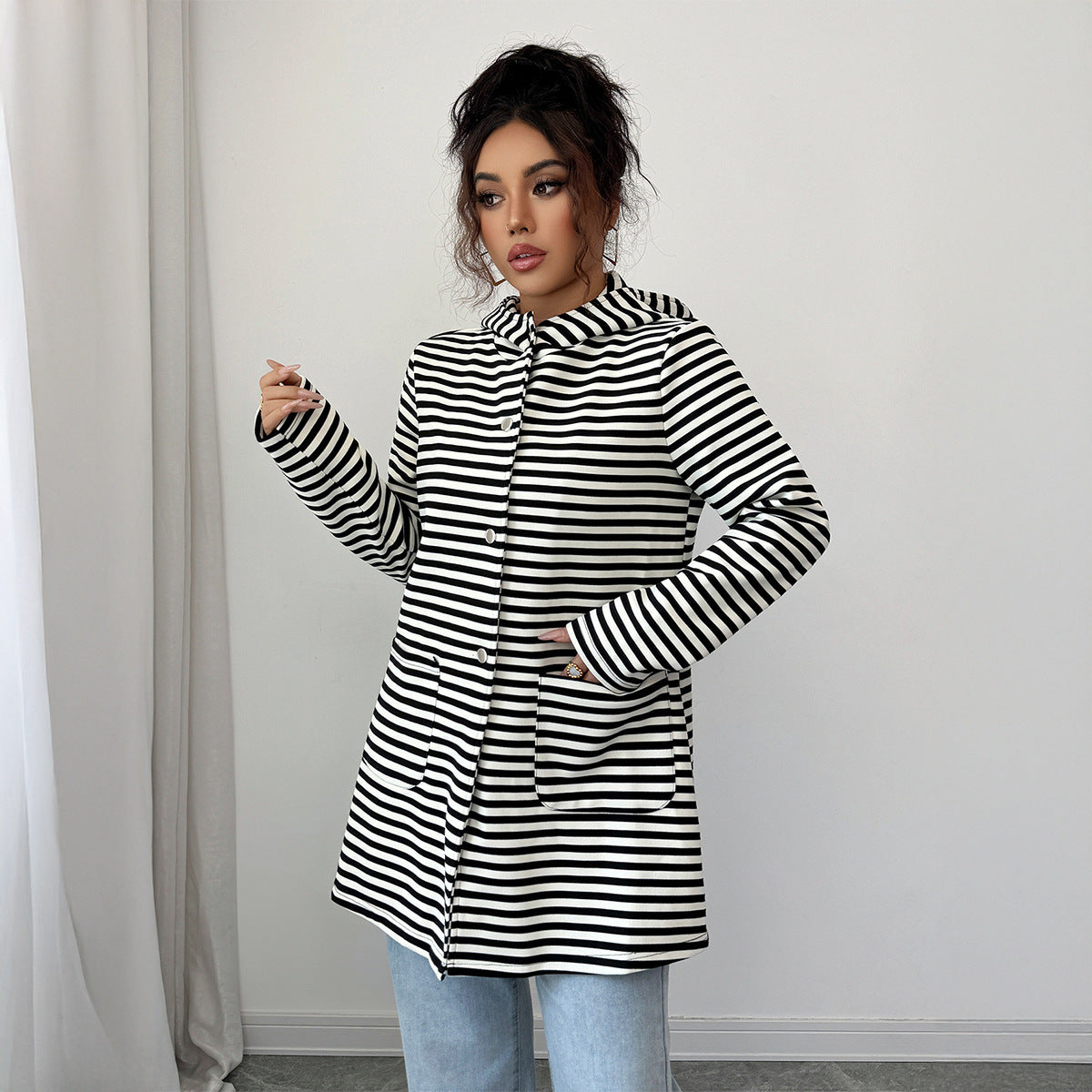 Fake Stripes Long Sleeve Trench Coat