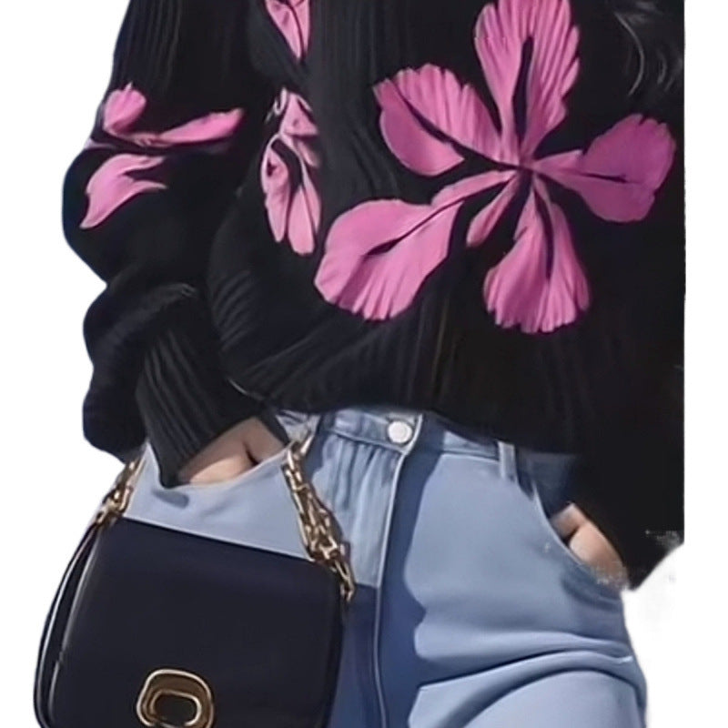 Sexy All-matching Show Thin Black Flower Print Top