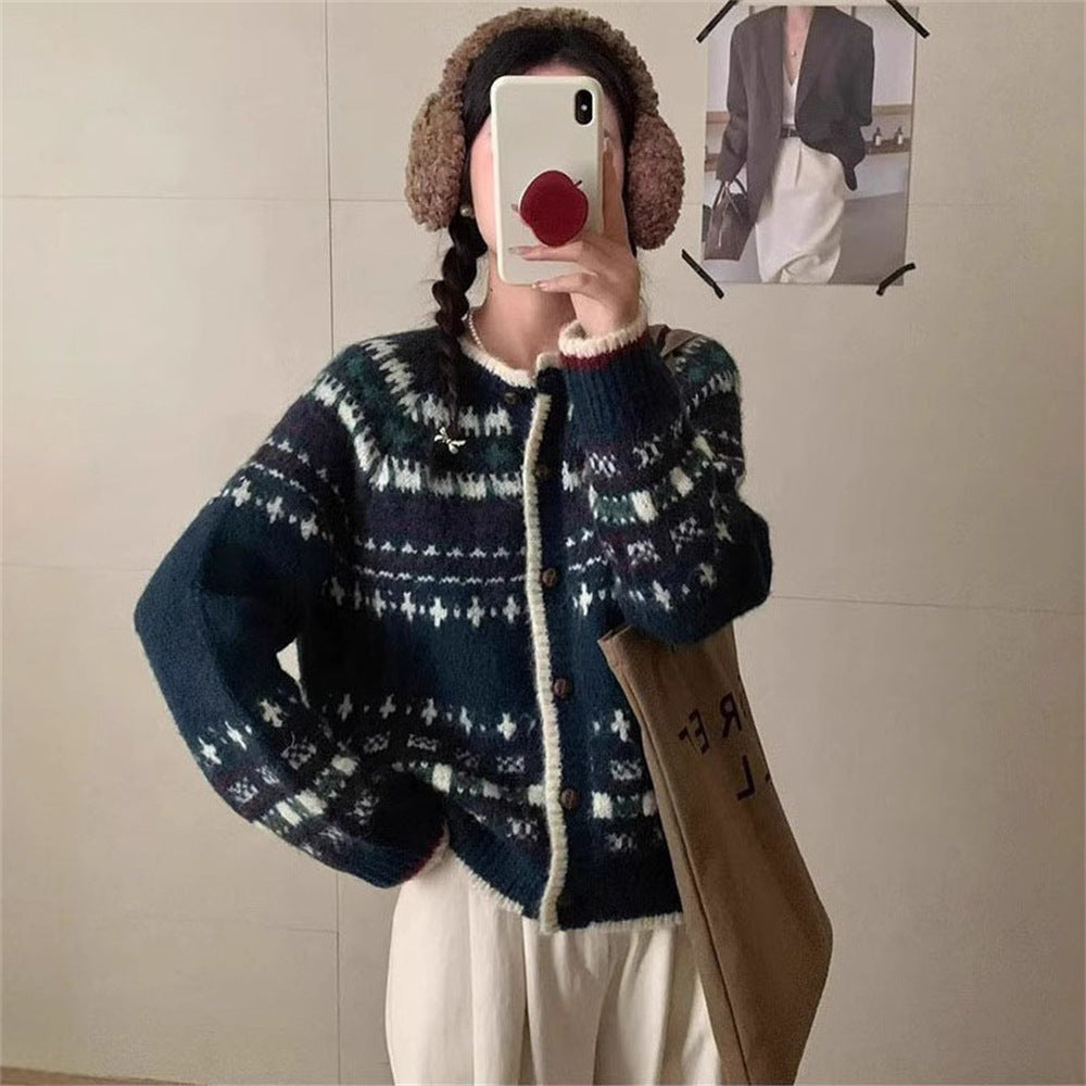 Female Versatile Ethnic Jacquard Knitted Cardigan Top