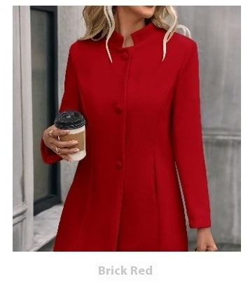 European And American New Fall And Winter Lapels Slim-fit Wool Solid Color Fashion Temperament Coat