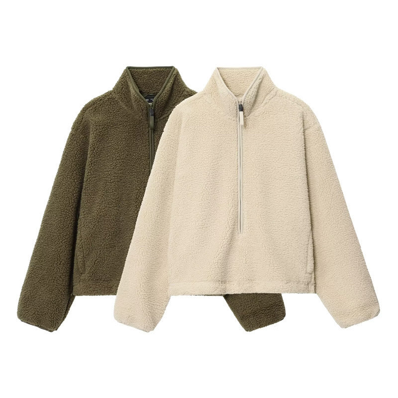 Female Solid Color Versatile Zipper Teddy Plush Sports Top