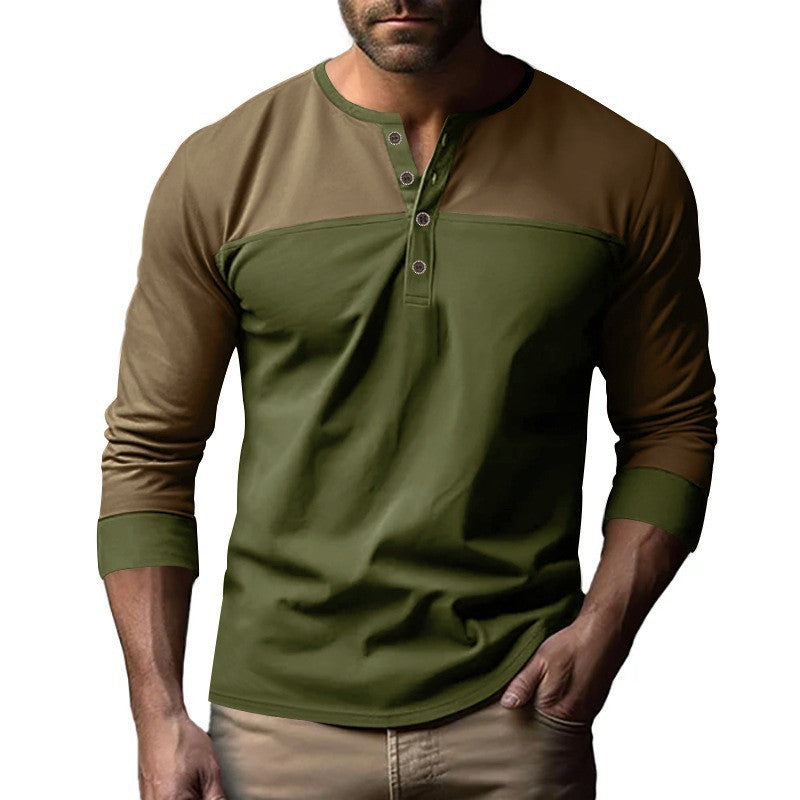Retro Trendy Long-sleeve Color Matching Henry Collar Bottoming Shirt Casual T-shirt