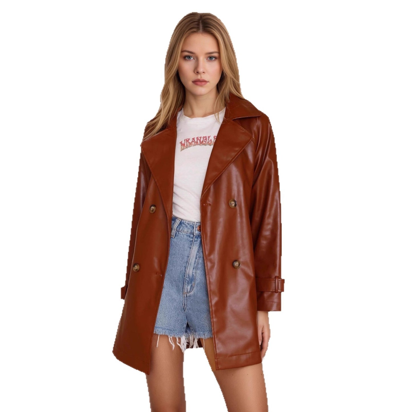 Fashion Slim Mid-length Women's Leather Coat