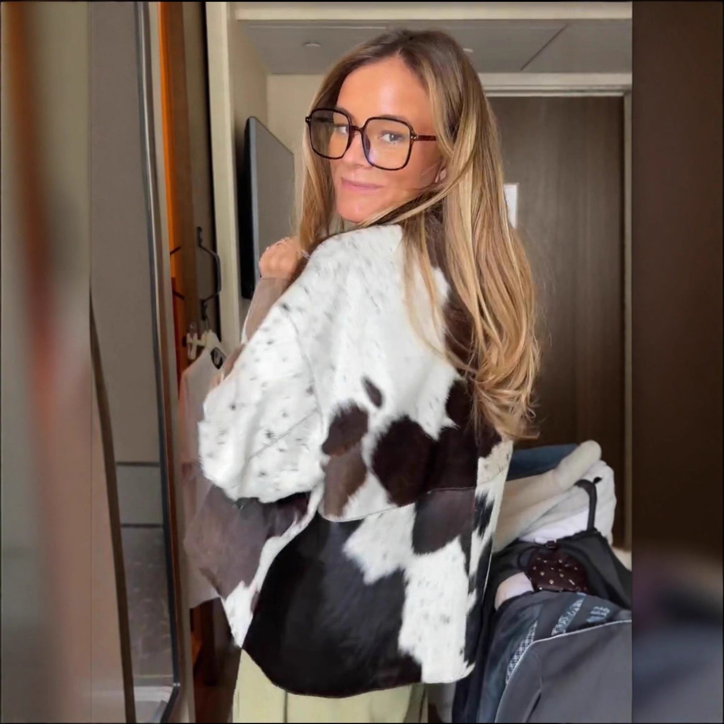 New Cow Pattern Pocket Zipper And Lapel Women's Jacket Coat