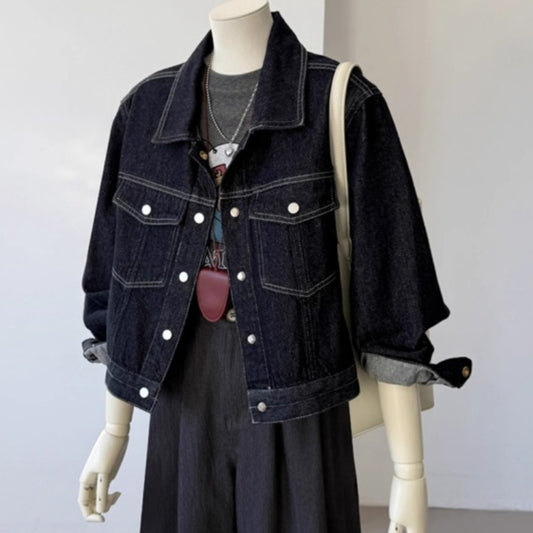 Korean Style Pocket Lapels Retro Dark Blue Short Denim Coat