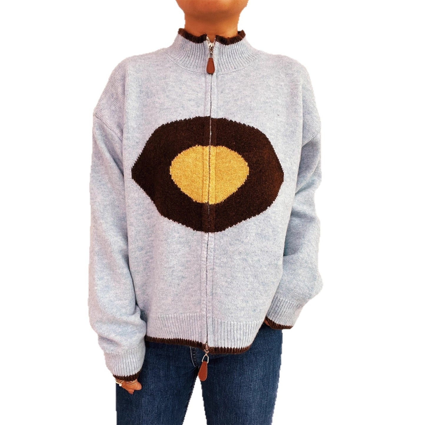 Casual Ring Jacquard Knitted Coat Round Neck Long Sleeve Zipper