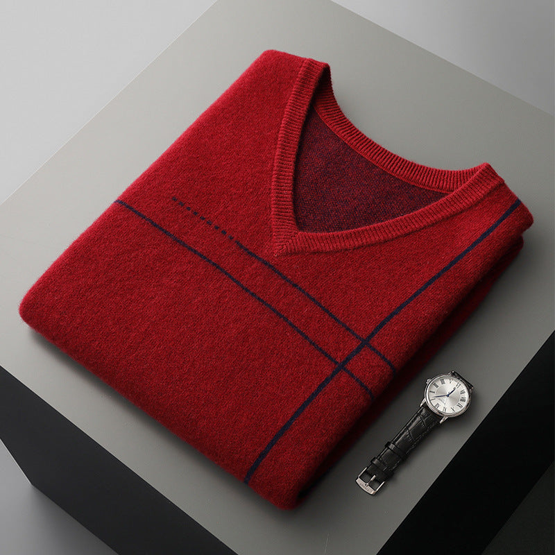 Men's Striped Pullover V-neck Knitted Sleeveless Pure Wool Top