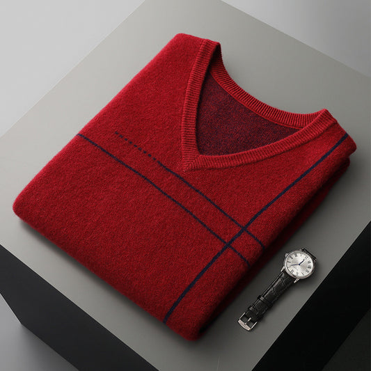 Men's Striped Pullover V-neck Knitted Sleeveless Pure Wool Top