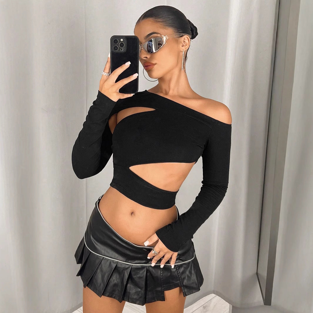 New Slim Fit Diagonal Collar Strapless Sexy Off-the-shoulder Navel T-shirt