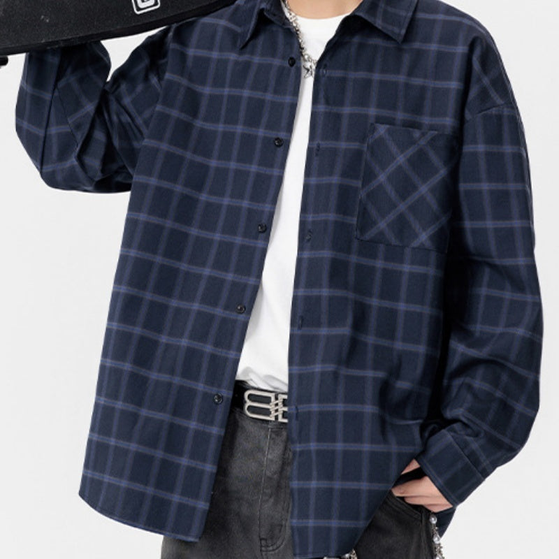 Autumn New Casual Large Size Long Sleeve Plaid Lapel Loose Shirt Coat