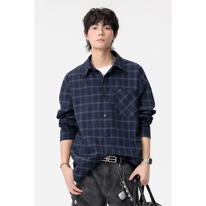 Autumn New Casual Large Size Long Sleeve Plaid Lapel Loose Shirt Coat