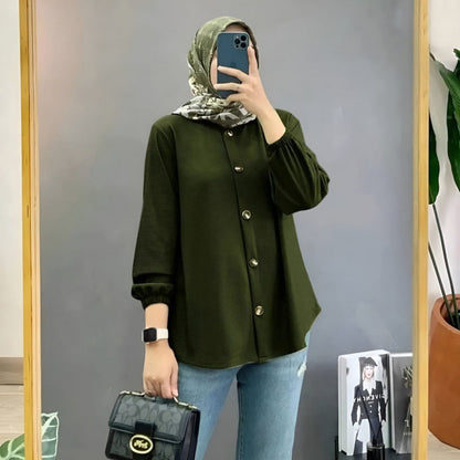 Muslim Ice Silk Wrinkle Stand-up Collar Literary Vintage Cardigan Loose Shirt Women