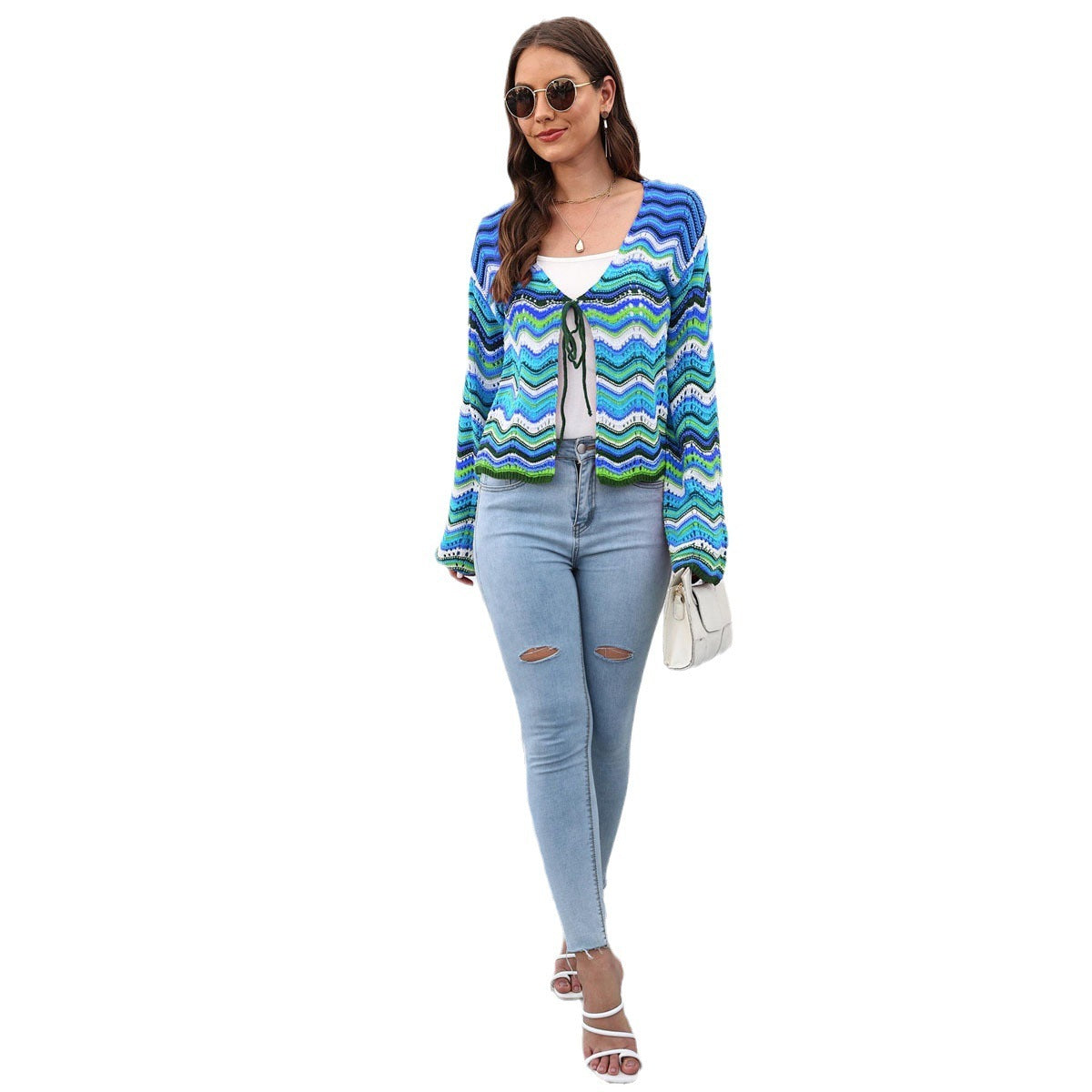 Knitted Shirt Rainbow Color Wave Pattern Christmas Sweater