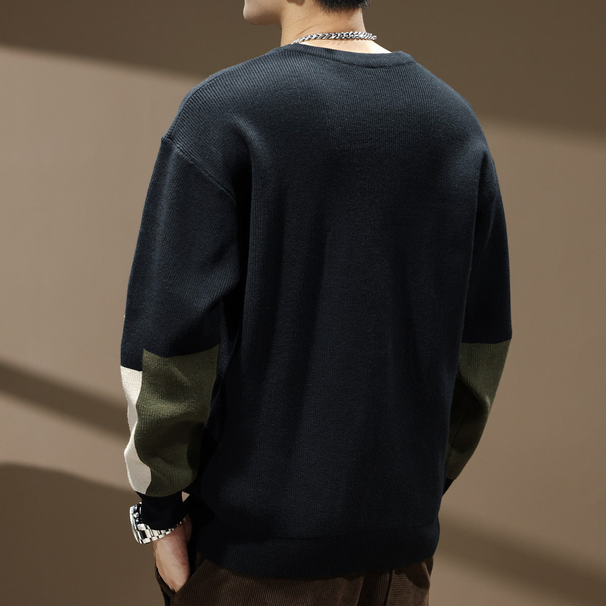 High Sense Color Contrast Patchwork Male Loose-fitting Oversized Sweater