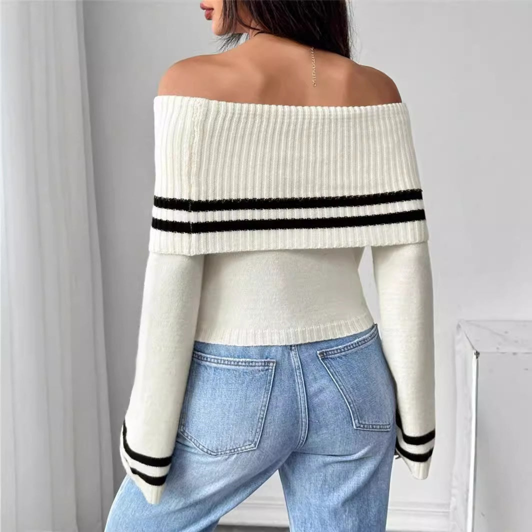 Women's Off-shoulder Midriff-baring Sweater Knitted Bell Sleeve Top