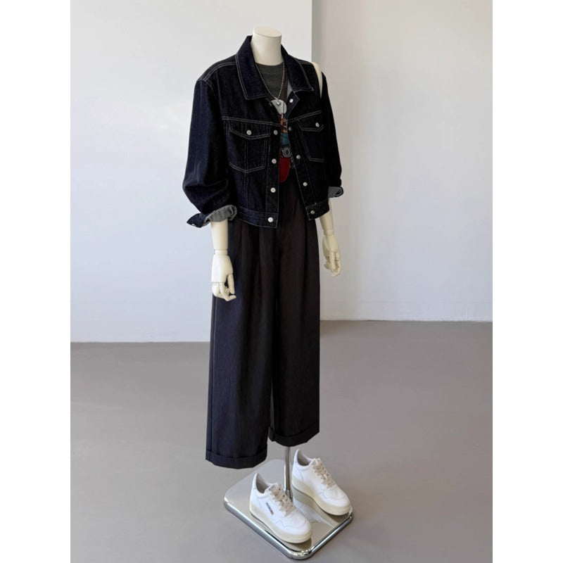 Korean Style Pocket Lapels Retro Dark Blue Short Denim Coat
