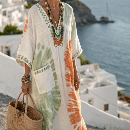 Female Digital Printed V-neck Five Quarter Sleeve Dress