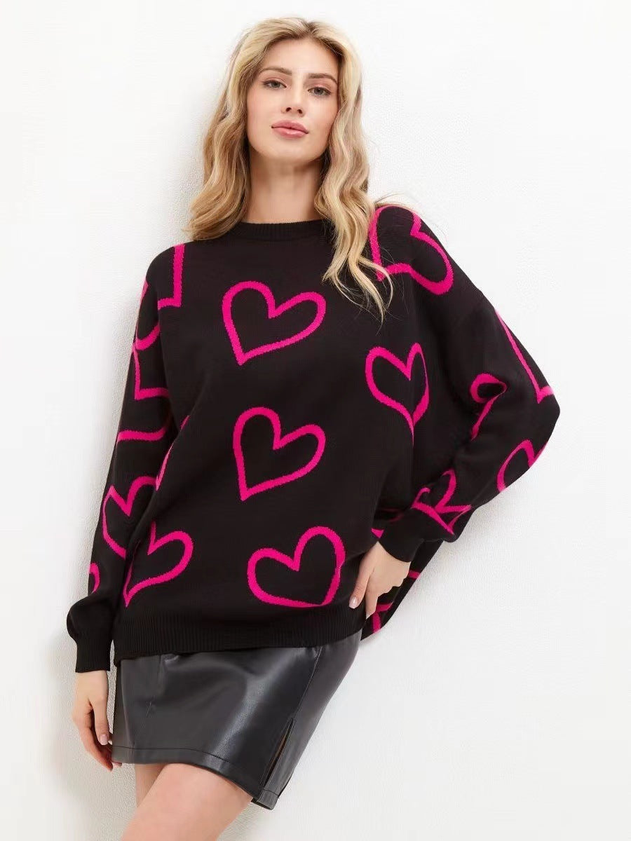 Round Neck Love Contrast Color Loose Pullover Sweater