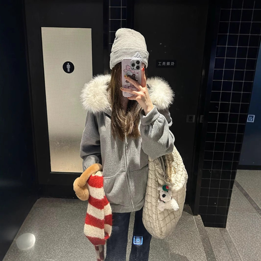 American Retro Fur Collar Hooded Cardigan Sweater Women