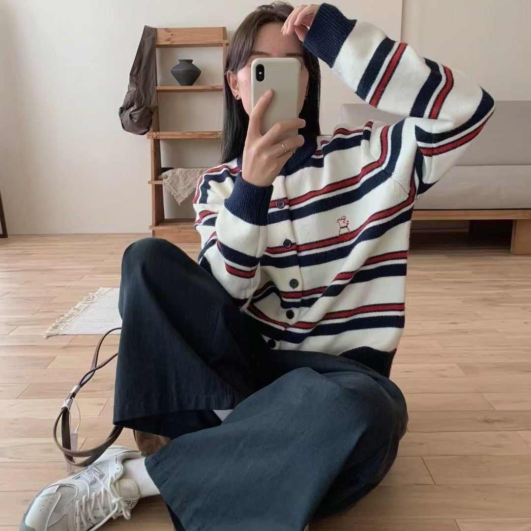 Women's Loose Round Neck Striped Contrast Color Puppy Embroidered Coat