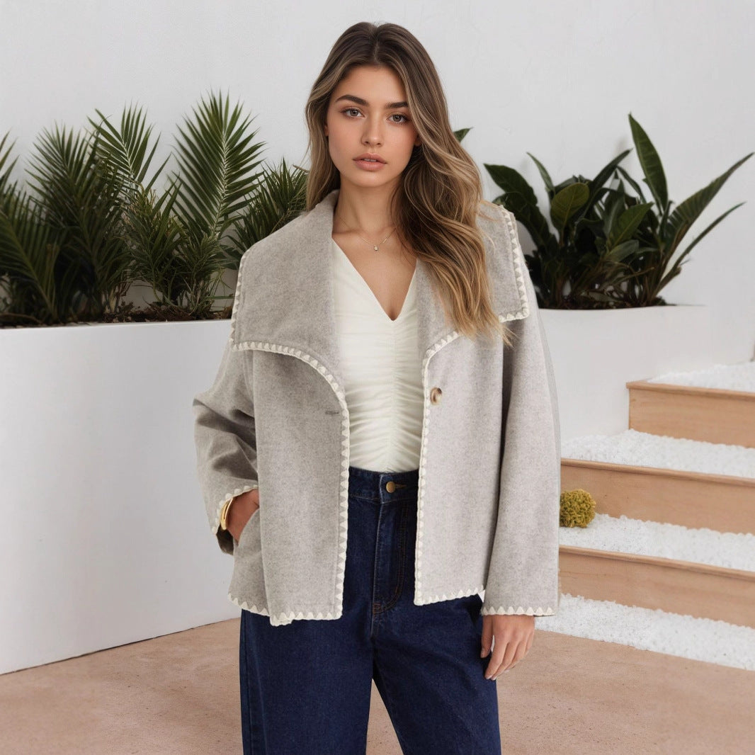 Elegant Warm Short Contrast Color Loose Design Cardigan Coat