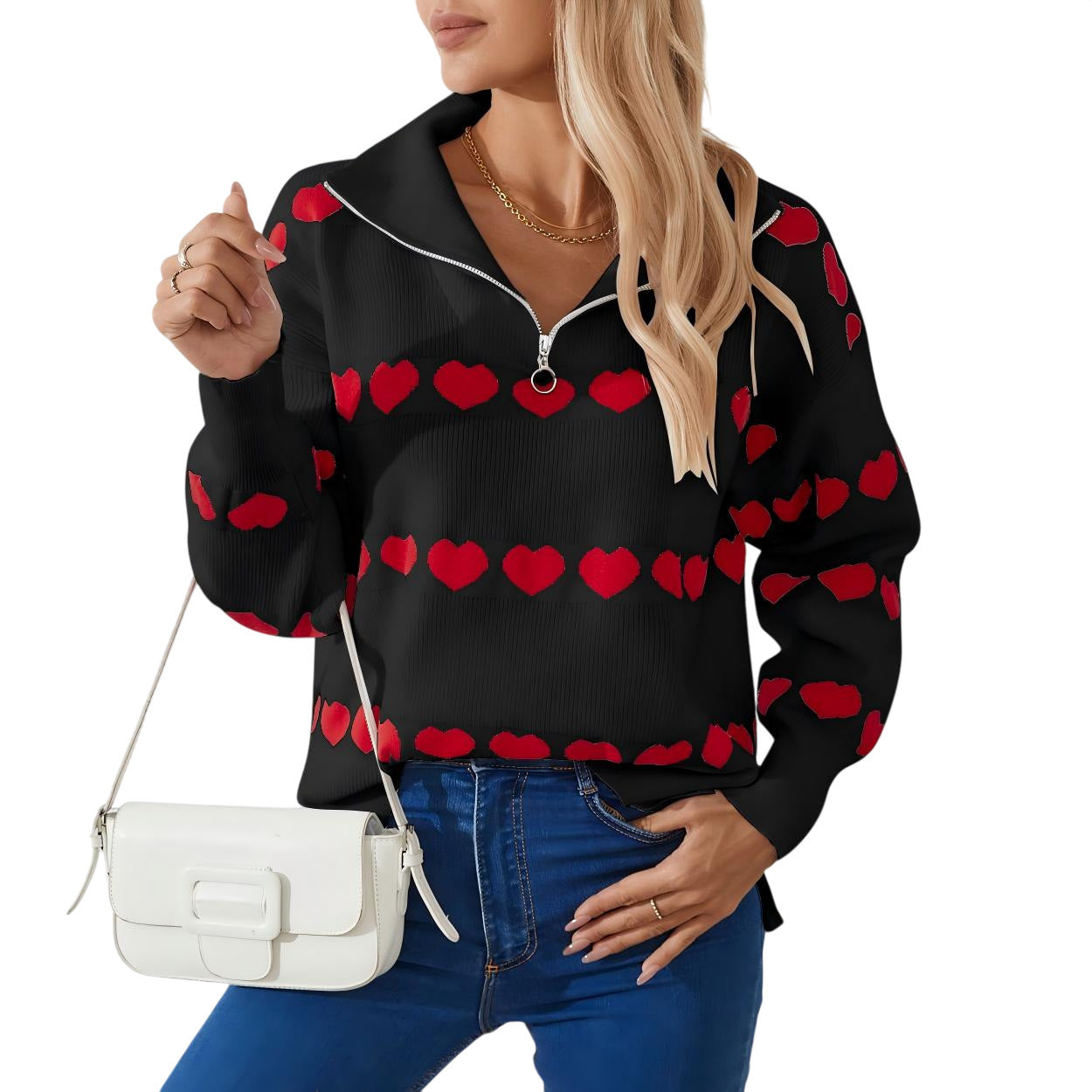 Female With Hearts Contrast Color Pullover Top