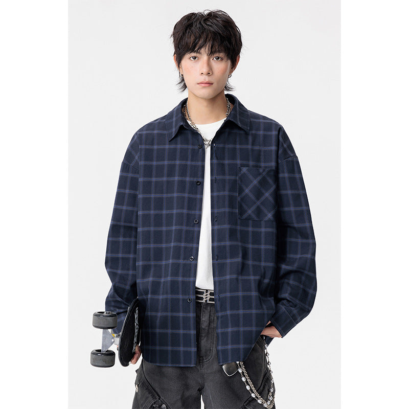 Autumn New Casual Large Size Long Sleeve Plaid Lapel Loose Shirt Coat