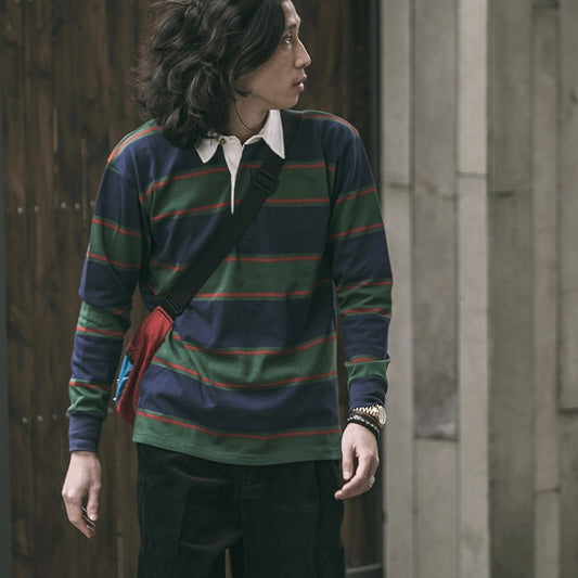Men's Polo Collar Stripes T-shirt Retro Long Sleeve