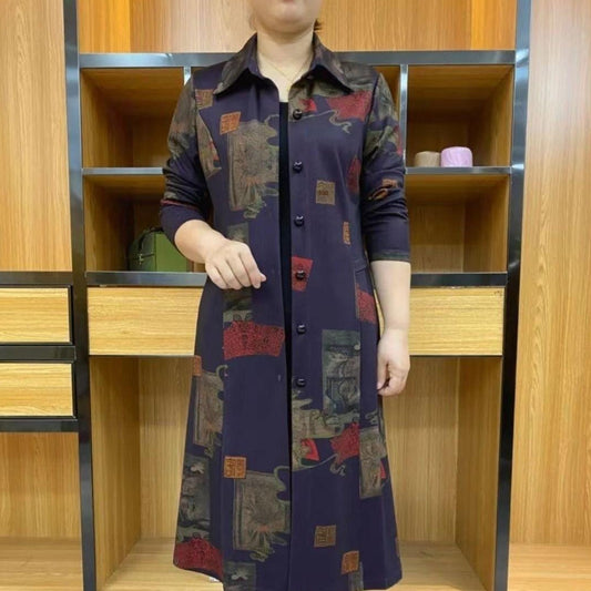 Middle-aged And Elderly Mid-length Trench Coat Printed Coat