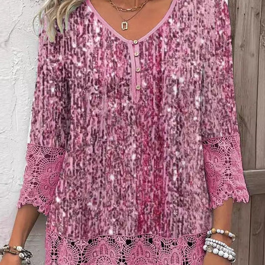 V-neck Buttons Solid Color Top T-shirt Women's Fashion