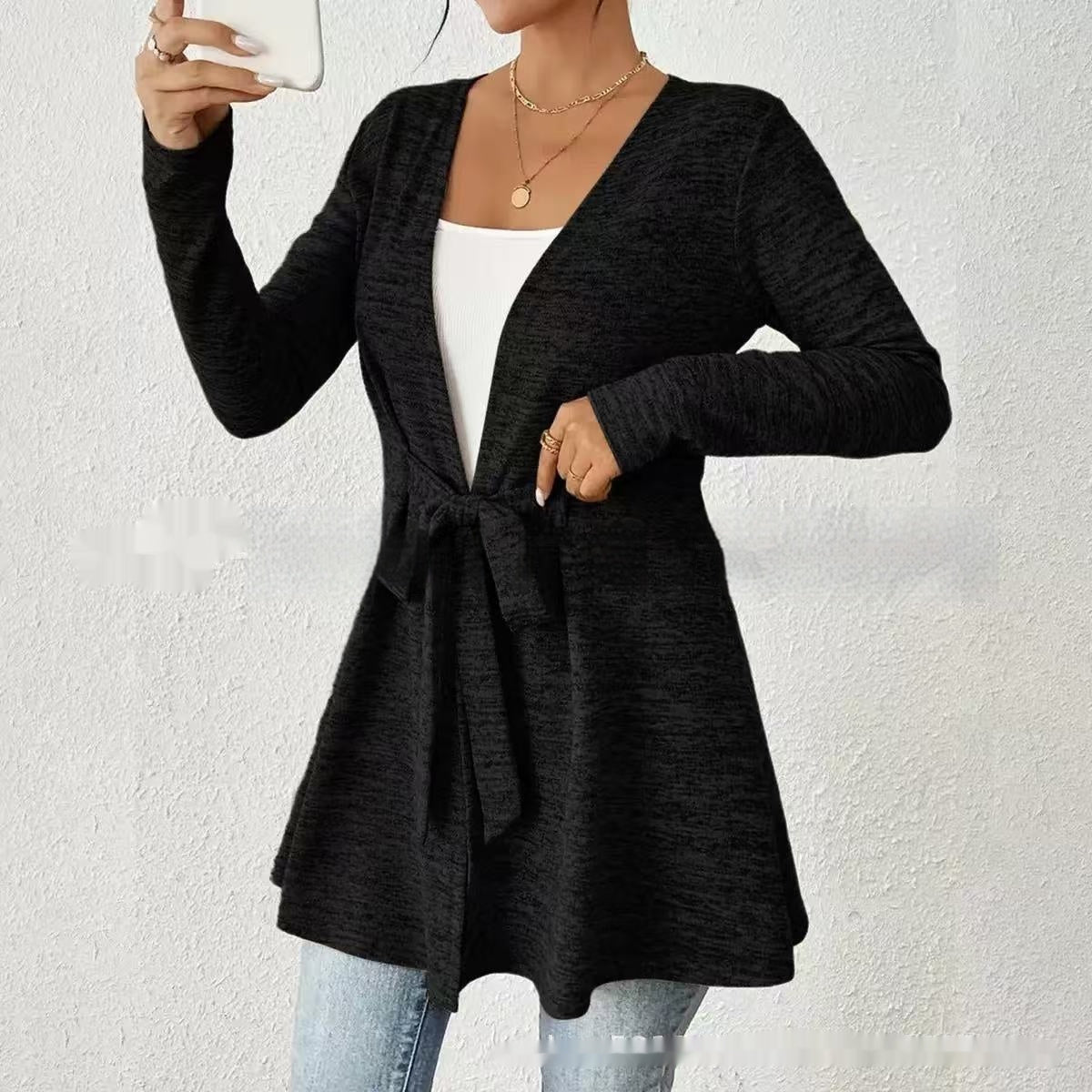 Solid Color Long Sleeve Lace Up Casual Loose Cardigan Top Women's Coat