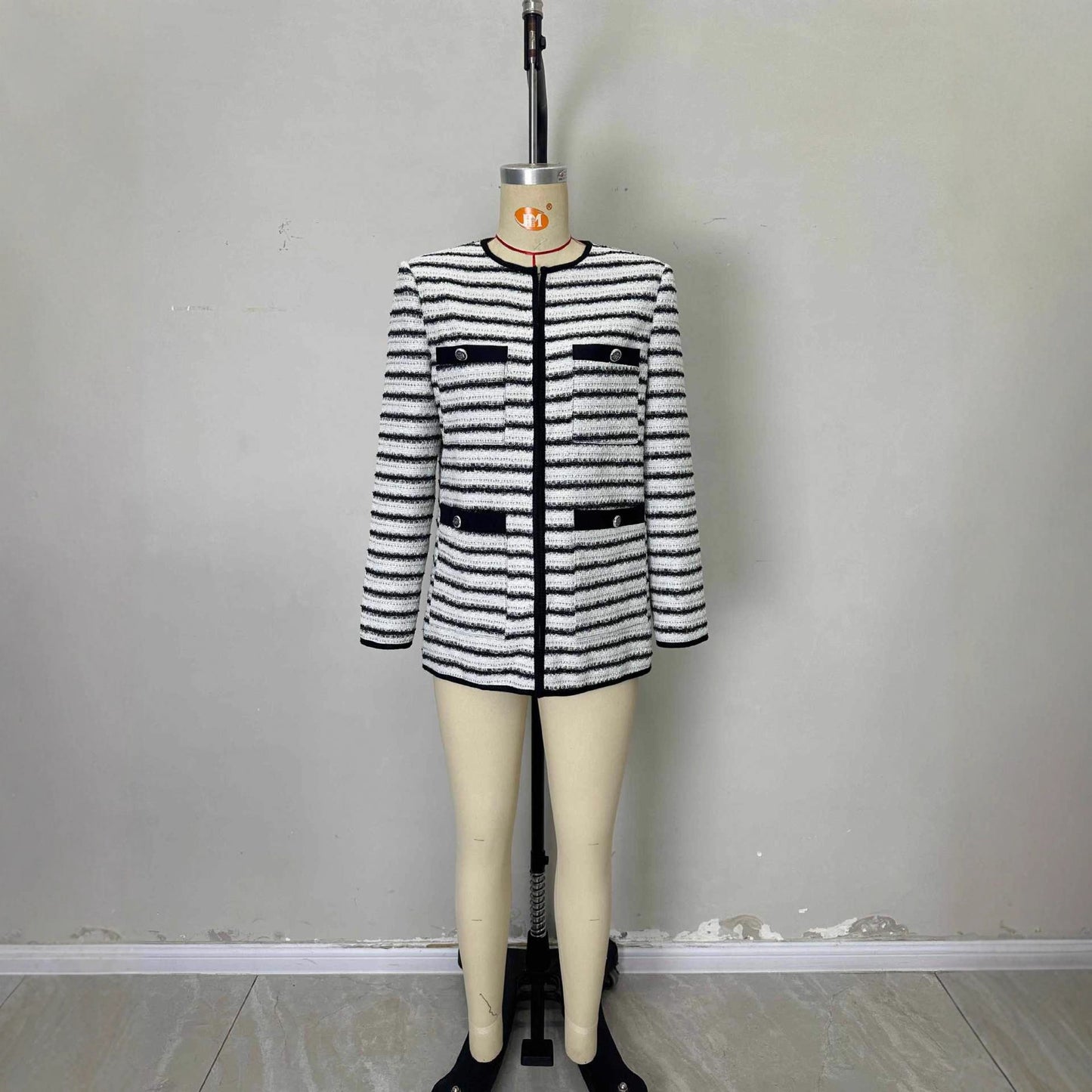 Black And White Striped Round Neck Multi-pocket Fashionable Coat