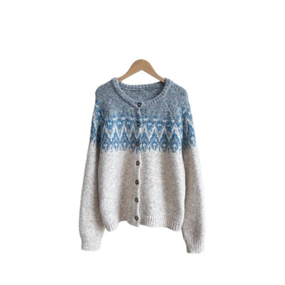 Contrast Color Jacquard Thickened Sweater Coat Women