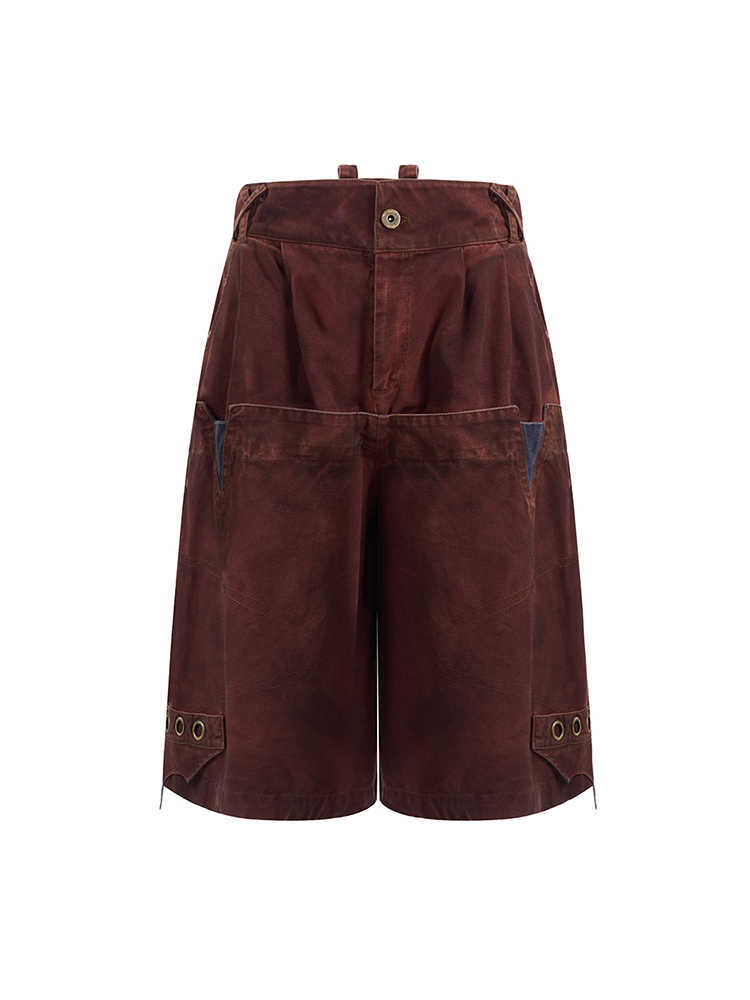 Double Waist Loose Cropped Pants Men's Washed Stitching Middle Pants