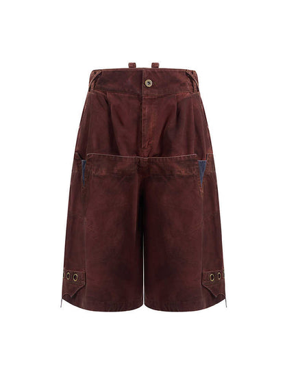 Double Waist Loose Cropped Pants Men's Washed Stitching Middle Pants