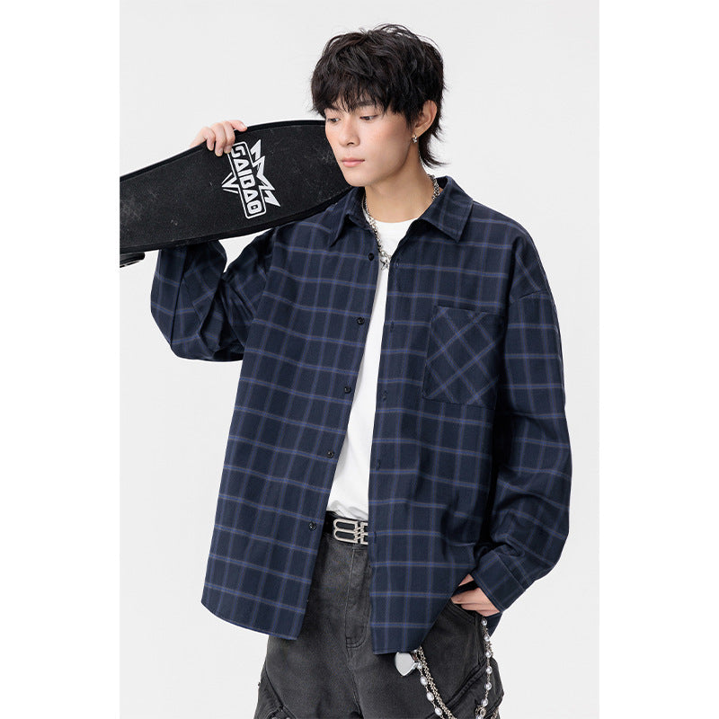 Autumn New Casual Large Size Long Sleeve Plaid Lapel Loose Shirt Coat