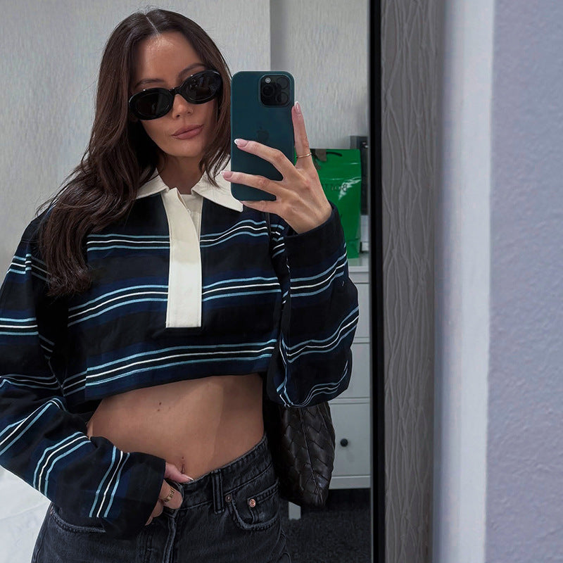 Autumn New Pullover Stripe Polo Collar Short Long Sleeve