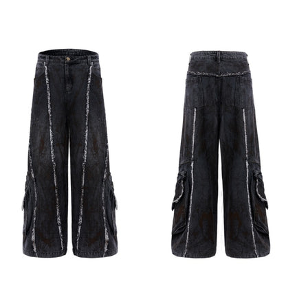 Raw Edge Splash-dyeing Distressed Padded Shoulder Denim Coat
